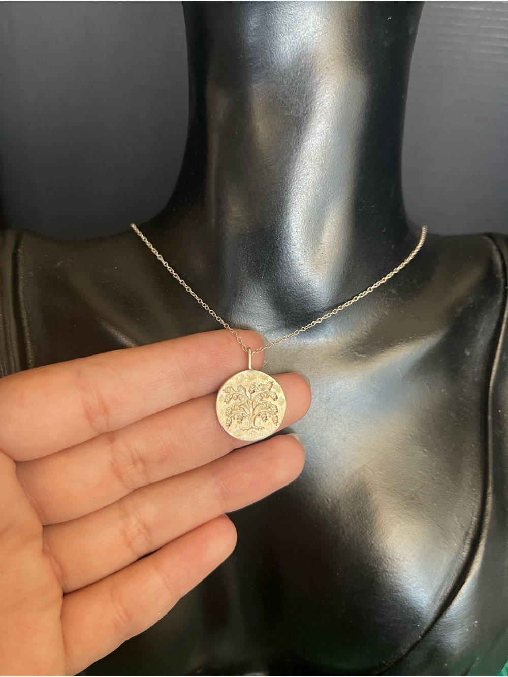 Sterling silver tree coin medallion chain necklace